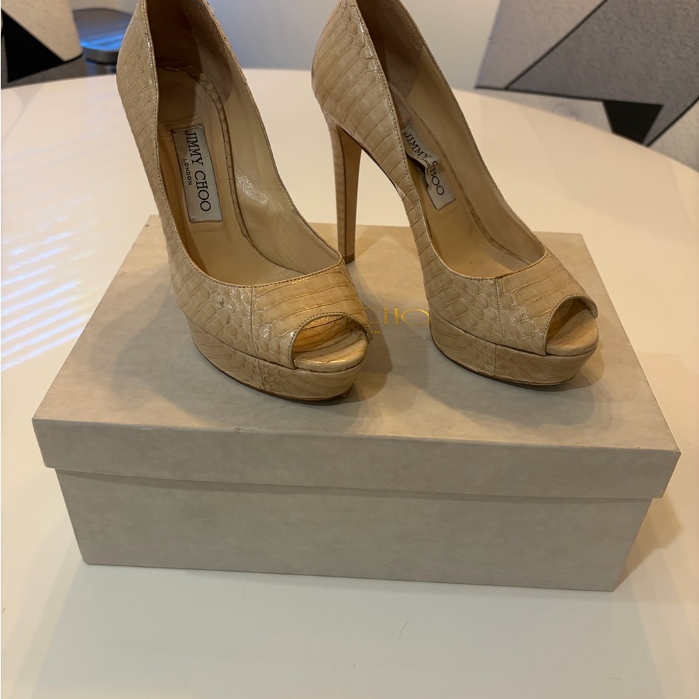 Jimmy Choo Textured Tan Peep Toe Heels